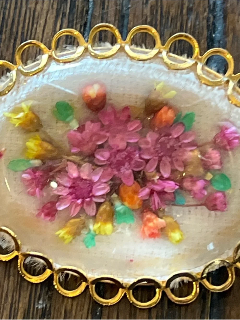 Floral Resin Gold-Tone Oval Brooch - Pink & Yellow Flowers